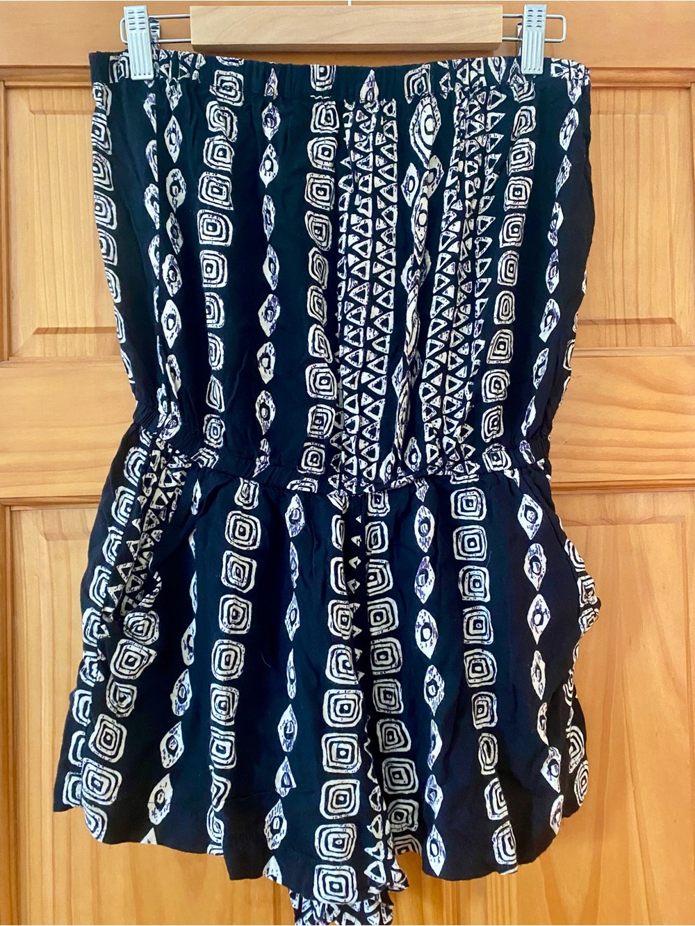Angie Strapless Tribal Print Romper Black White Boho Elastic Waist Medium